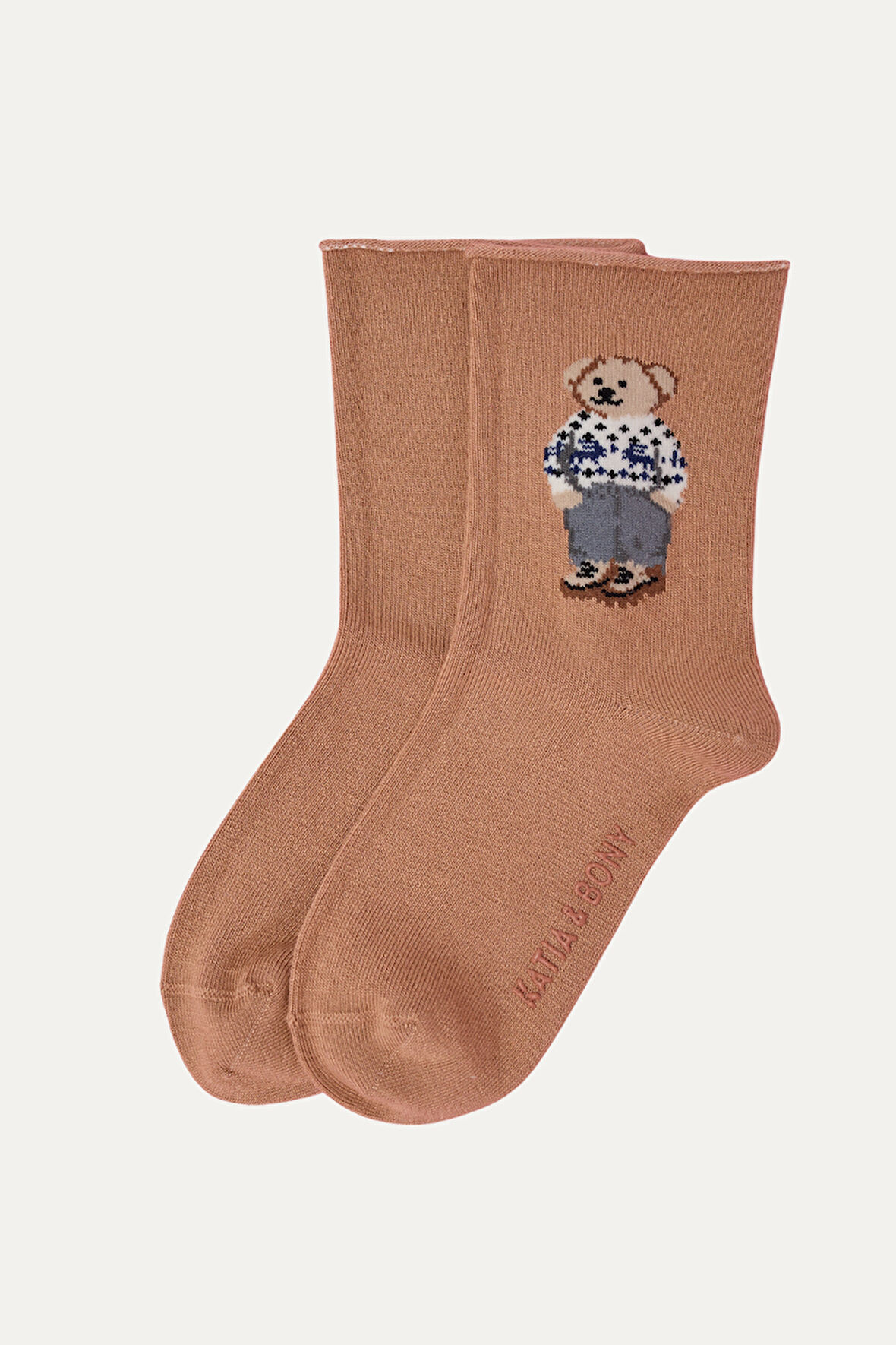 Çocuk Teddy Desenli Lastiksiz Modal Soket Çorap Kahverengi