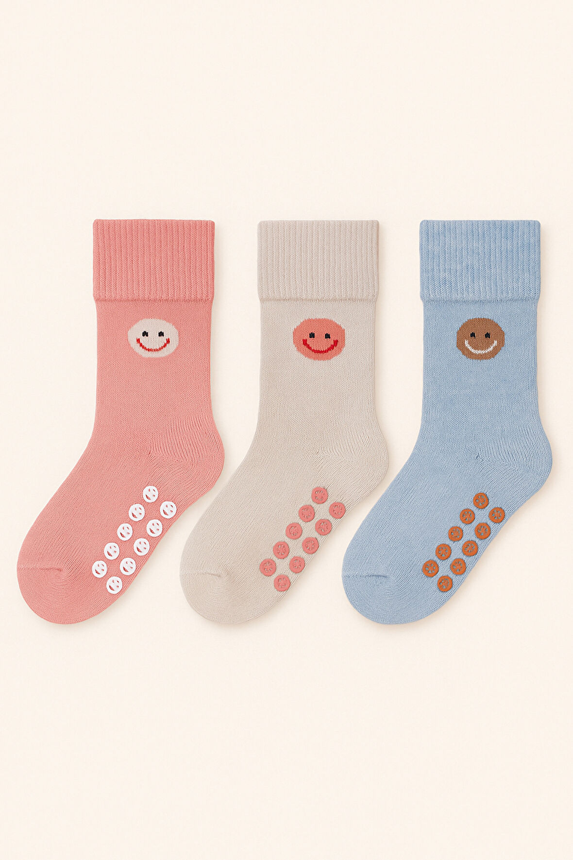 Bebek 3'lü Gülen Yüz Desenli Havlu Soket Çorap