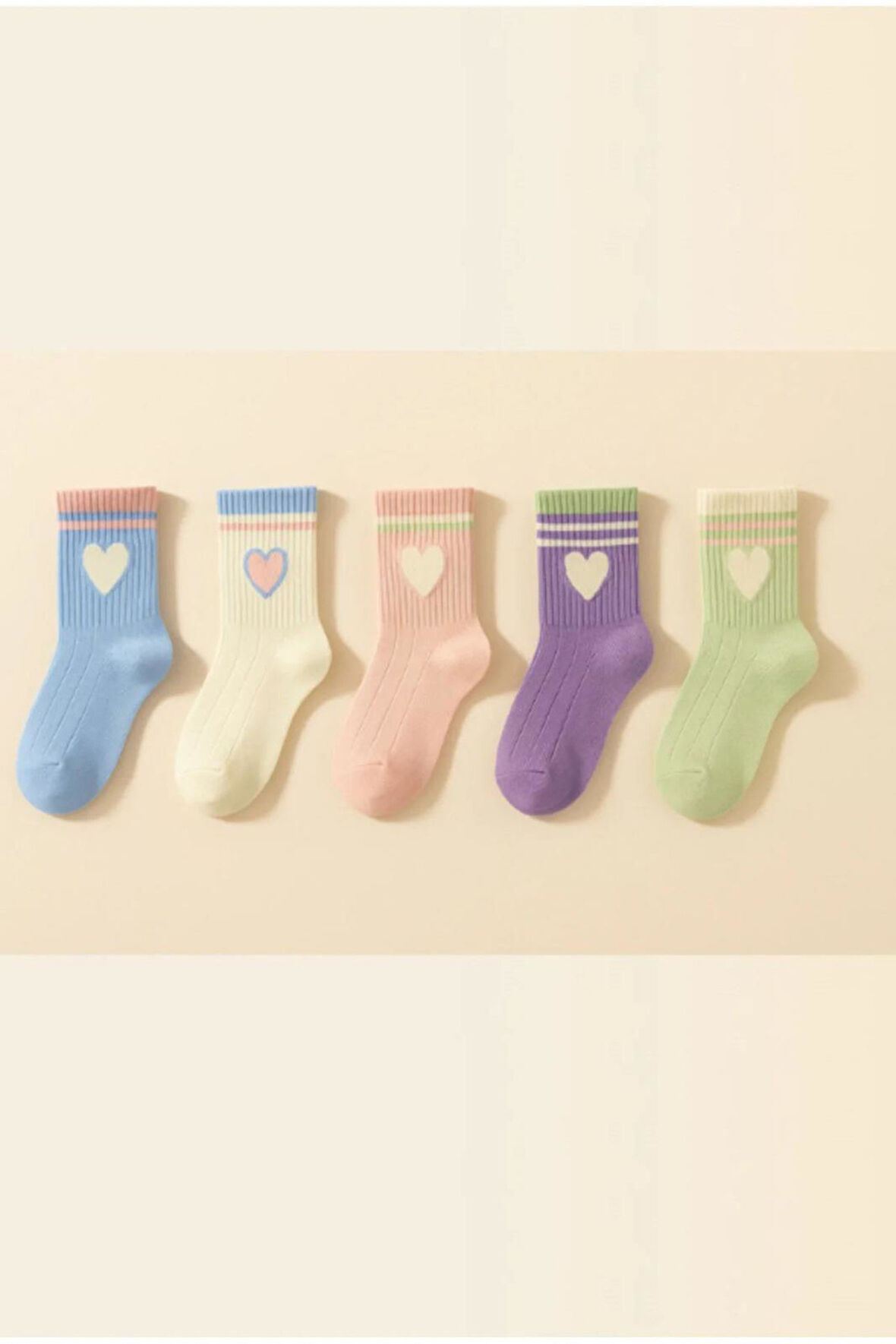 Kız Çocuk 5'li Kalpli Soket Çorap Çok Renkli