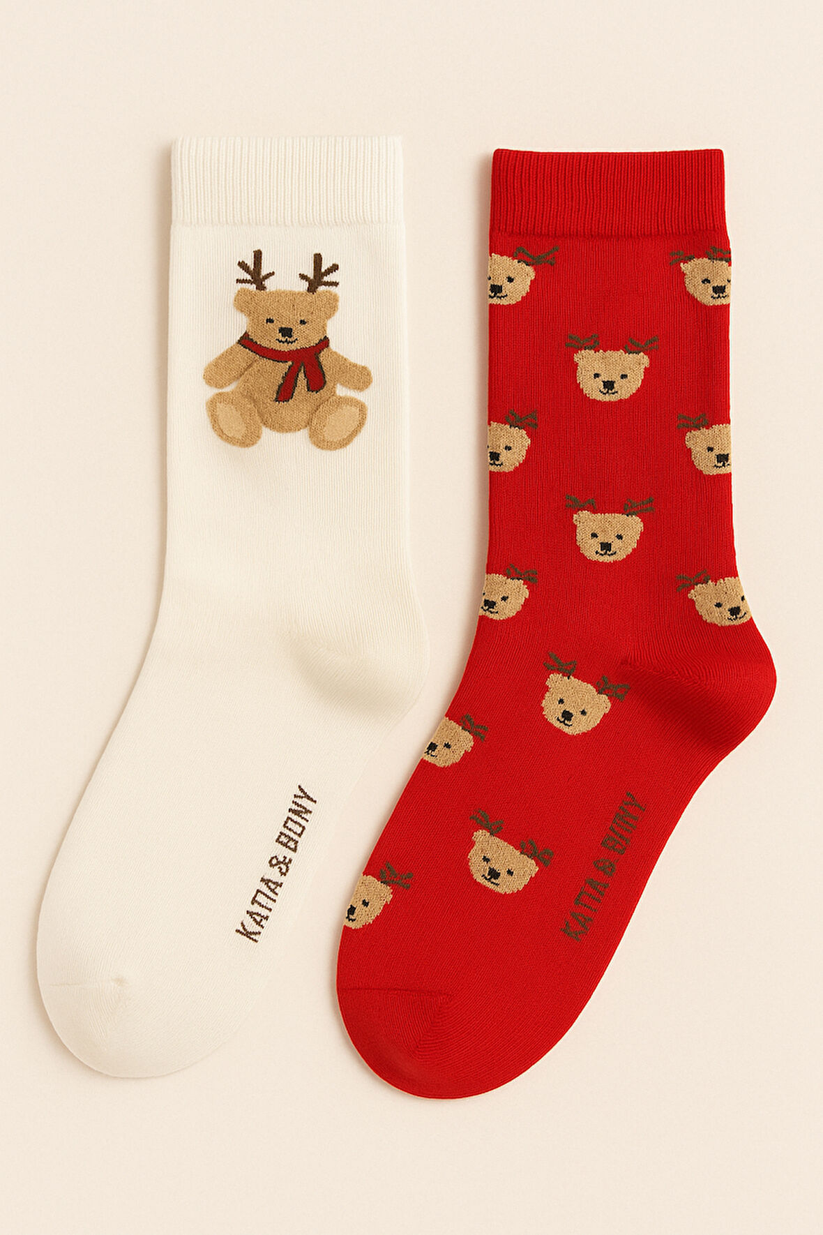 Kadın 2'li Teddy Desenli Yılbaşı Temalı Soket Çorap Ekru Mix