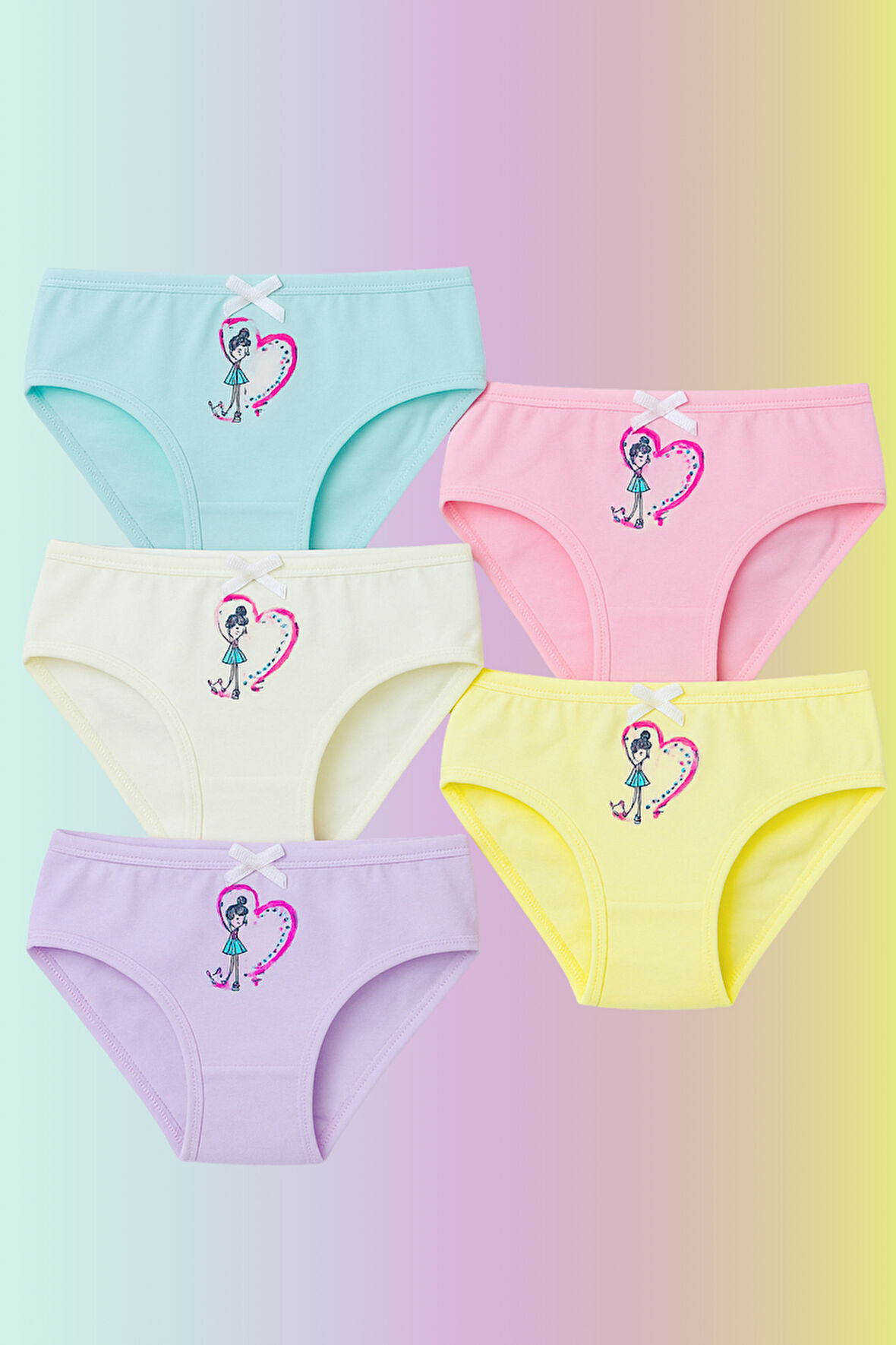 Kız Çocuk 5'li Kalpli Külot Çok Renkli