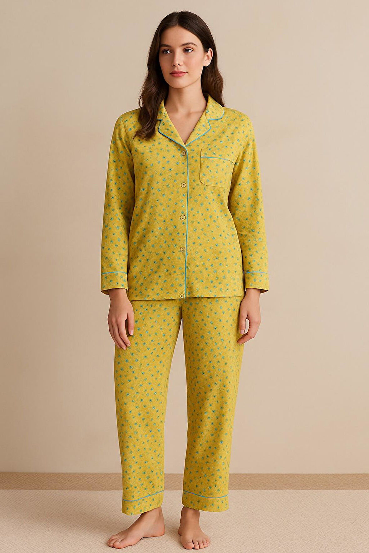 Kadın Çiçekli Pijama Takımı Hardal