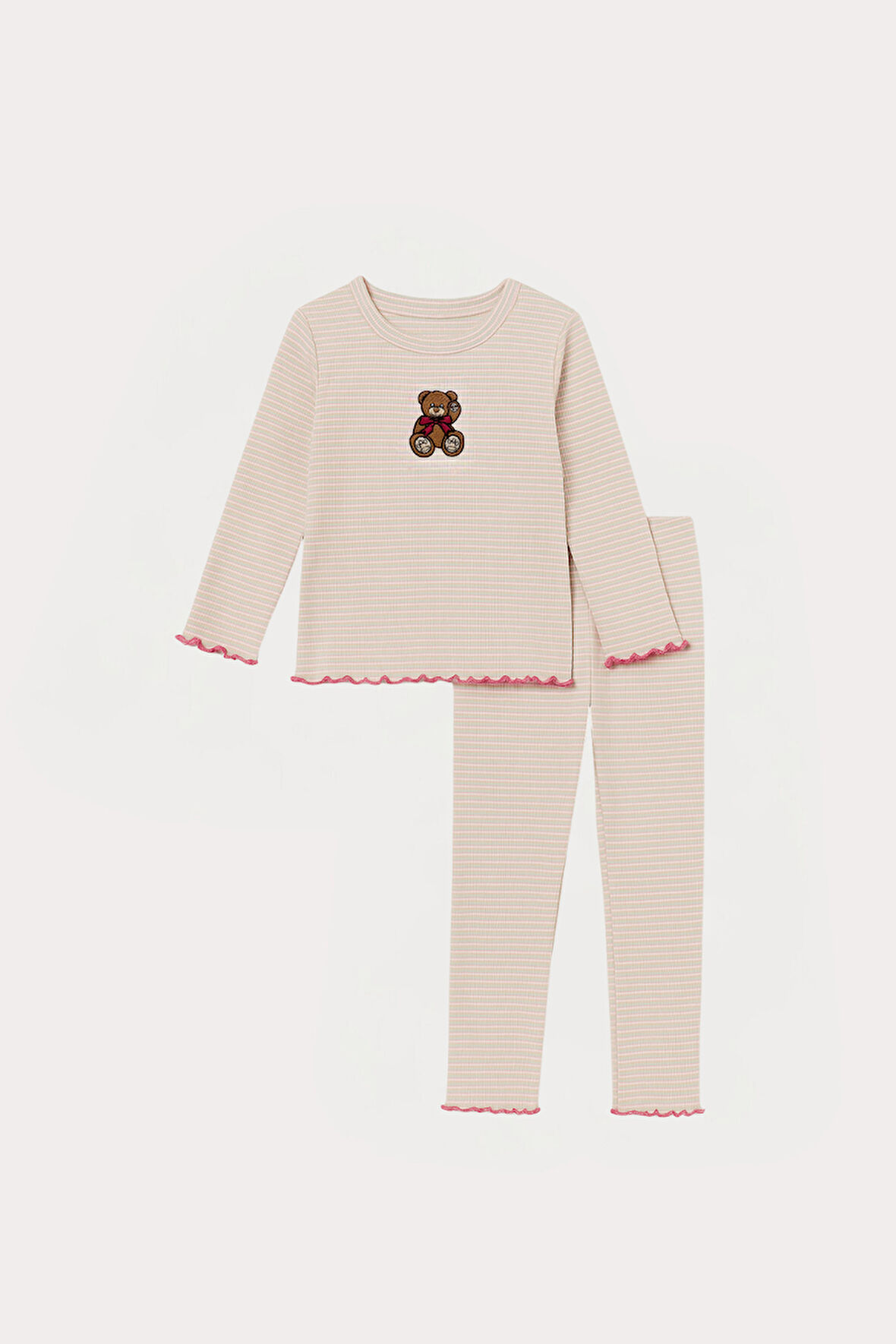 Kız Çocuk Teddy Desenli Pijama Takımı Ekru