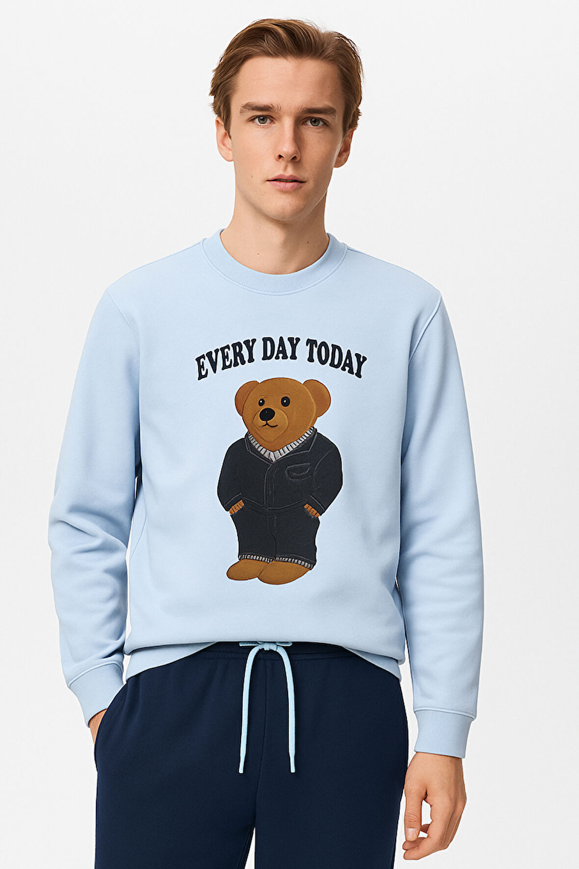 Erkek Teddy Desenli Sweatshirt  Mavi