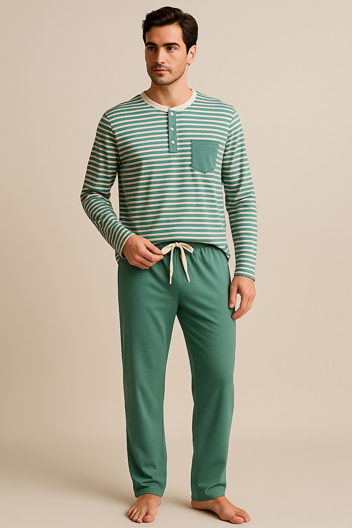 Erkek Çizgili Cepli Pijama Takımı Yeşil