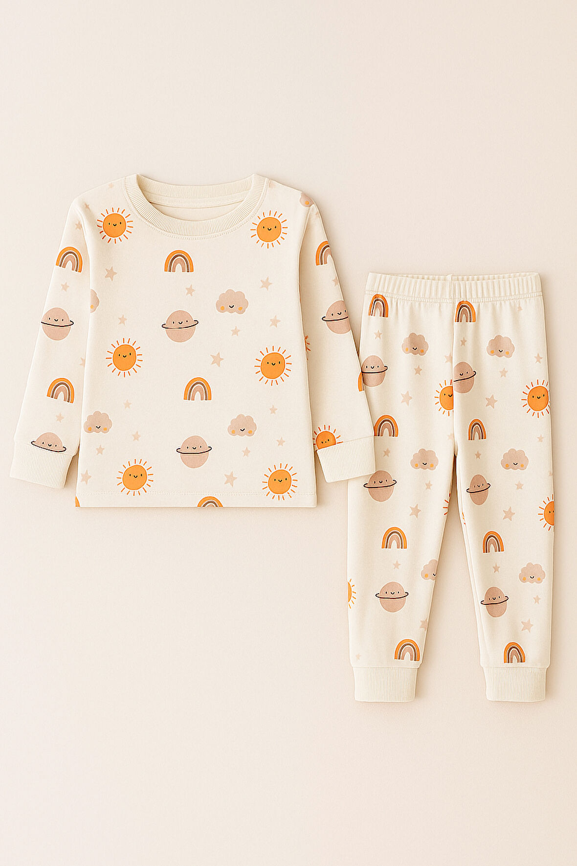 Çocuk Gezegen Desenli Pijama Takımı Ekru