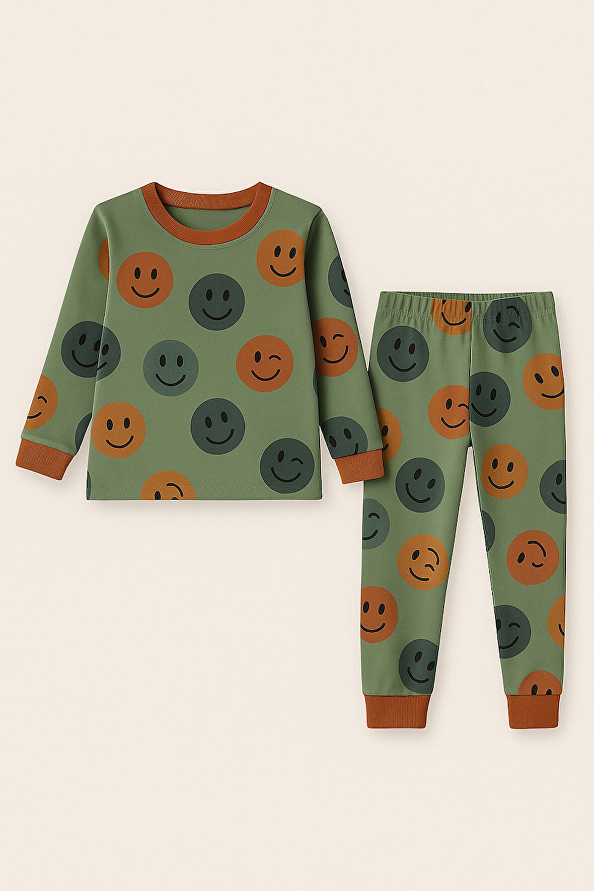 Çocuk Gülen Yüz Desenli Pijama Takımı Yeşil