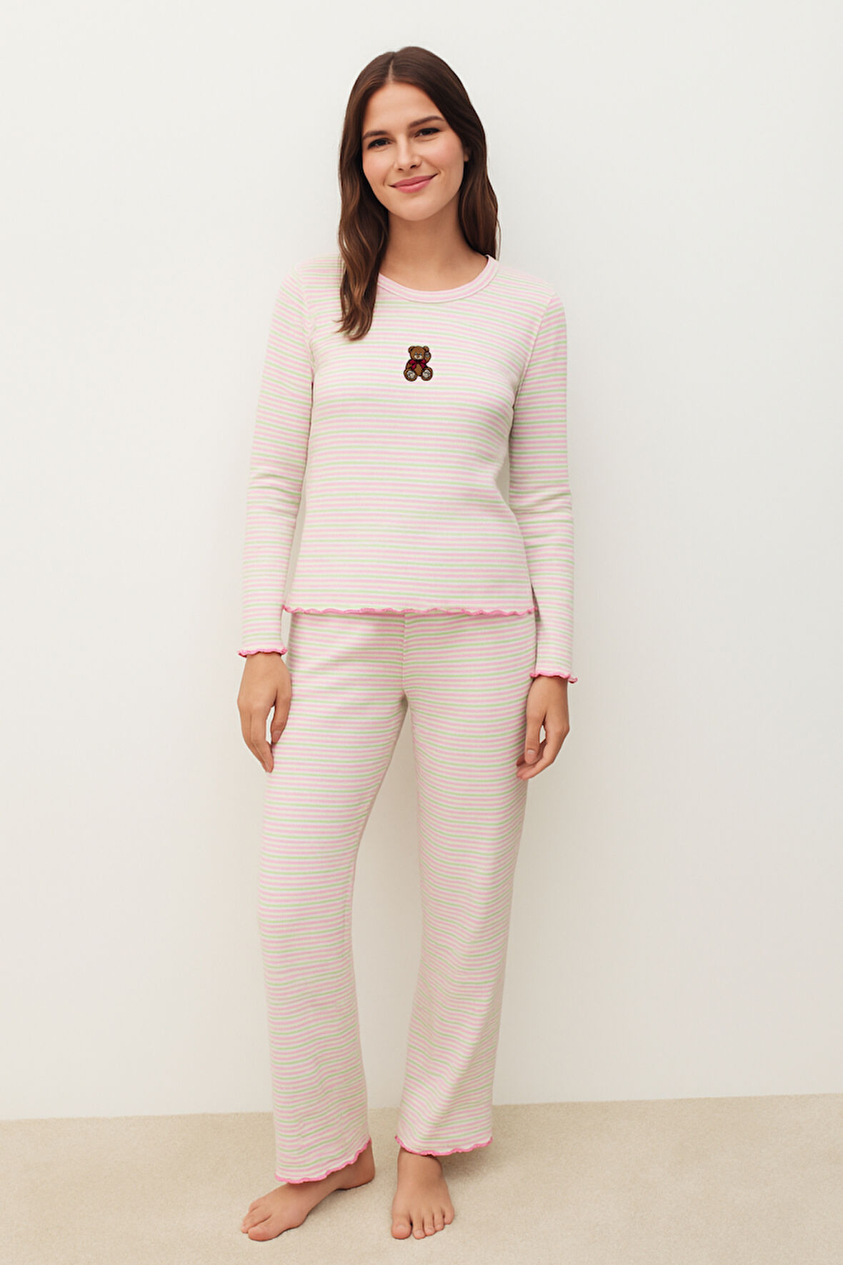 Kadın Teddy Desenli Pijama Takımı Ekru