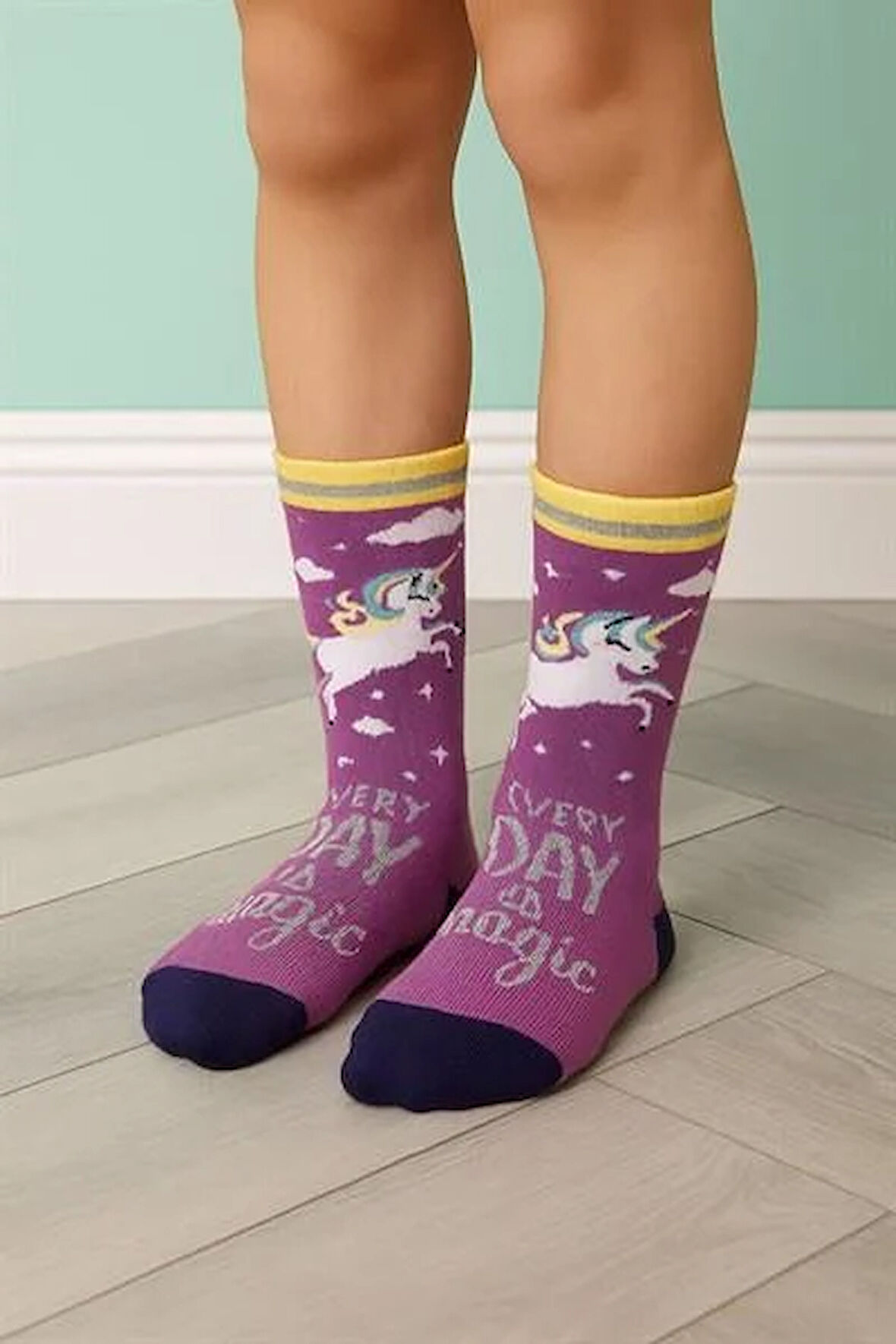 Kız Çocuk Unicorn Desenli Soket Çorap Mor
