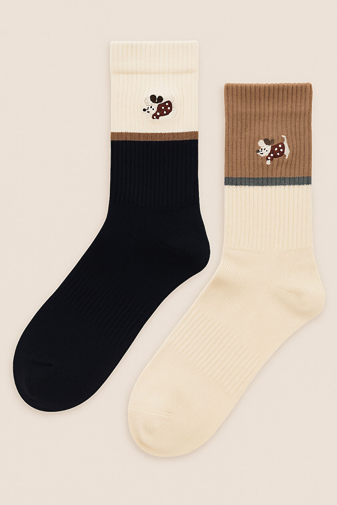 Unisex 2'li Köpek Nakışlı Soket Çorap Ekru Mix
