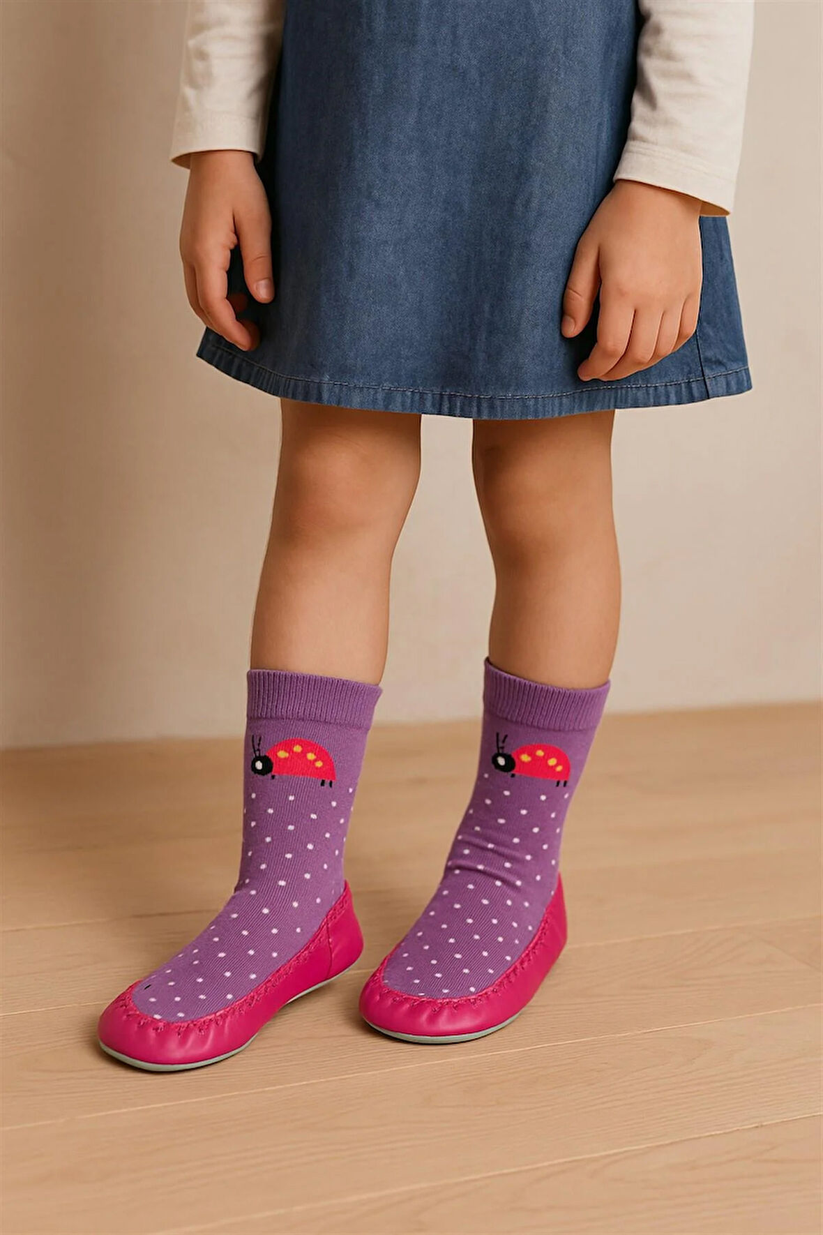 Kız Çocuk Uğur Böceği Desenli Makosen Soket Çorap Patik Panduf – Kaydırmaz Ev & Anaokulu Ayakkabısı Mor