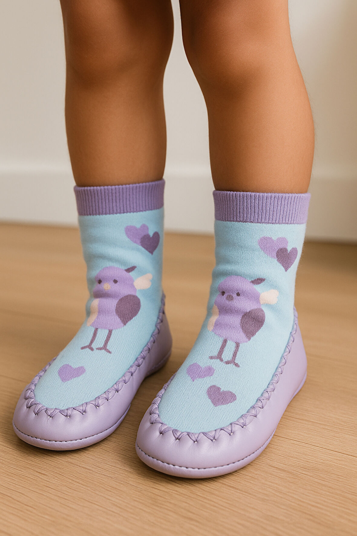 Çocuk Kuş Desenli Makosen Soket Çorap Patik Panduf – Kaydırmaz Ev & Anaokulu Ayakkabısı Mor