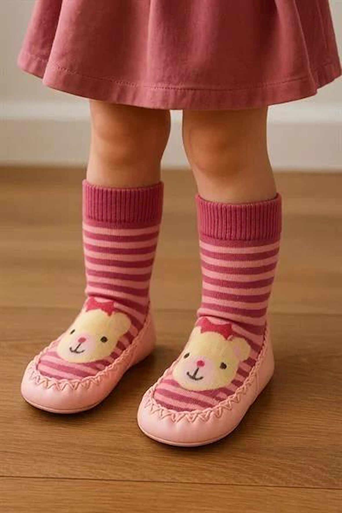 Çocuk Ayıcık Desenli Makosen Soket Çorap Patik Panduf – Kaydırmaz Ev & Anaokulu Ayakkabısı Pembe