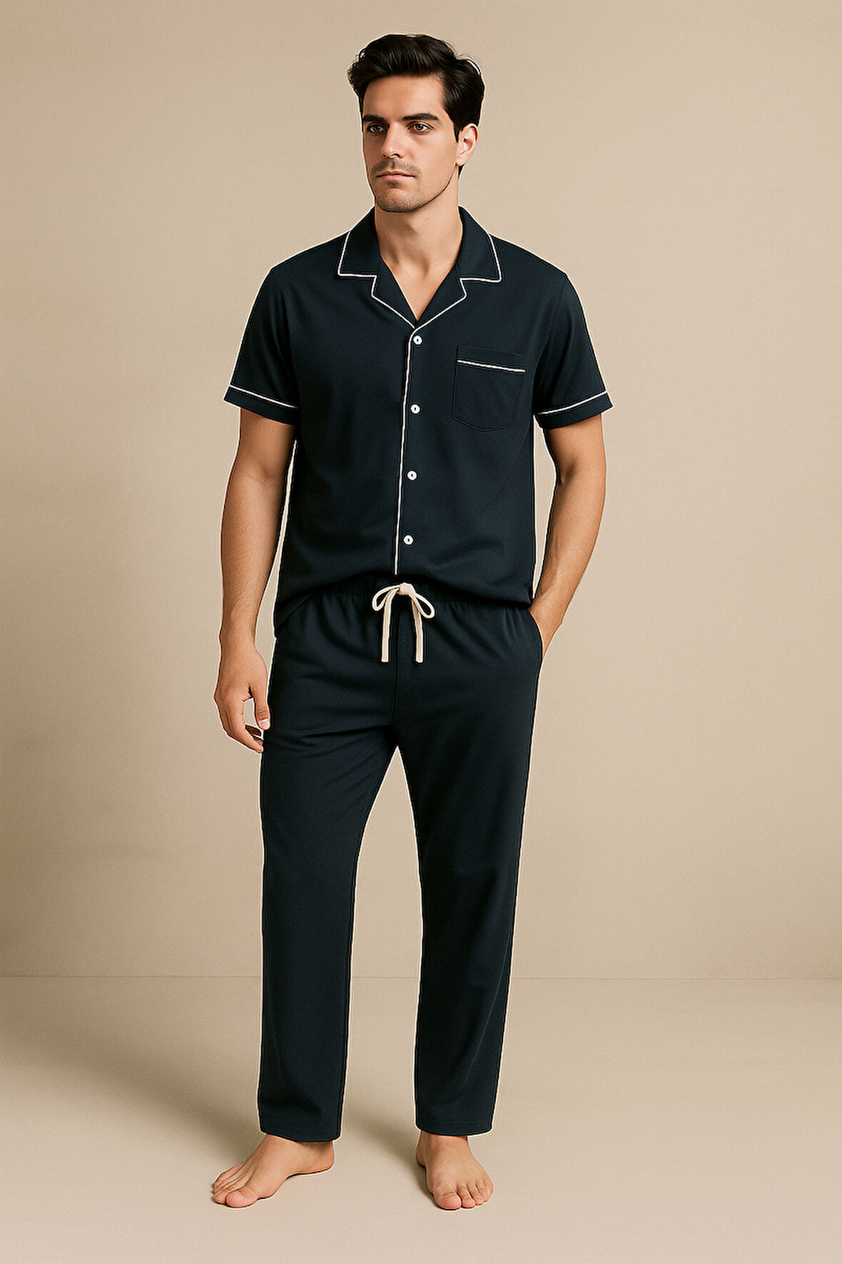 Erkek Silver Düğmeli Pijama Takımı Siyah