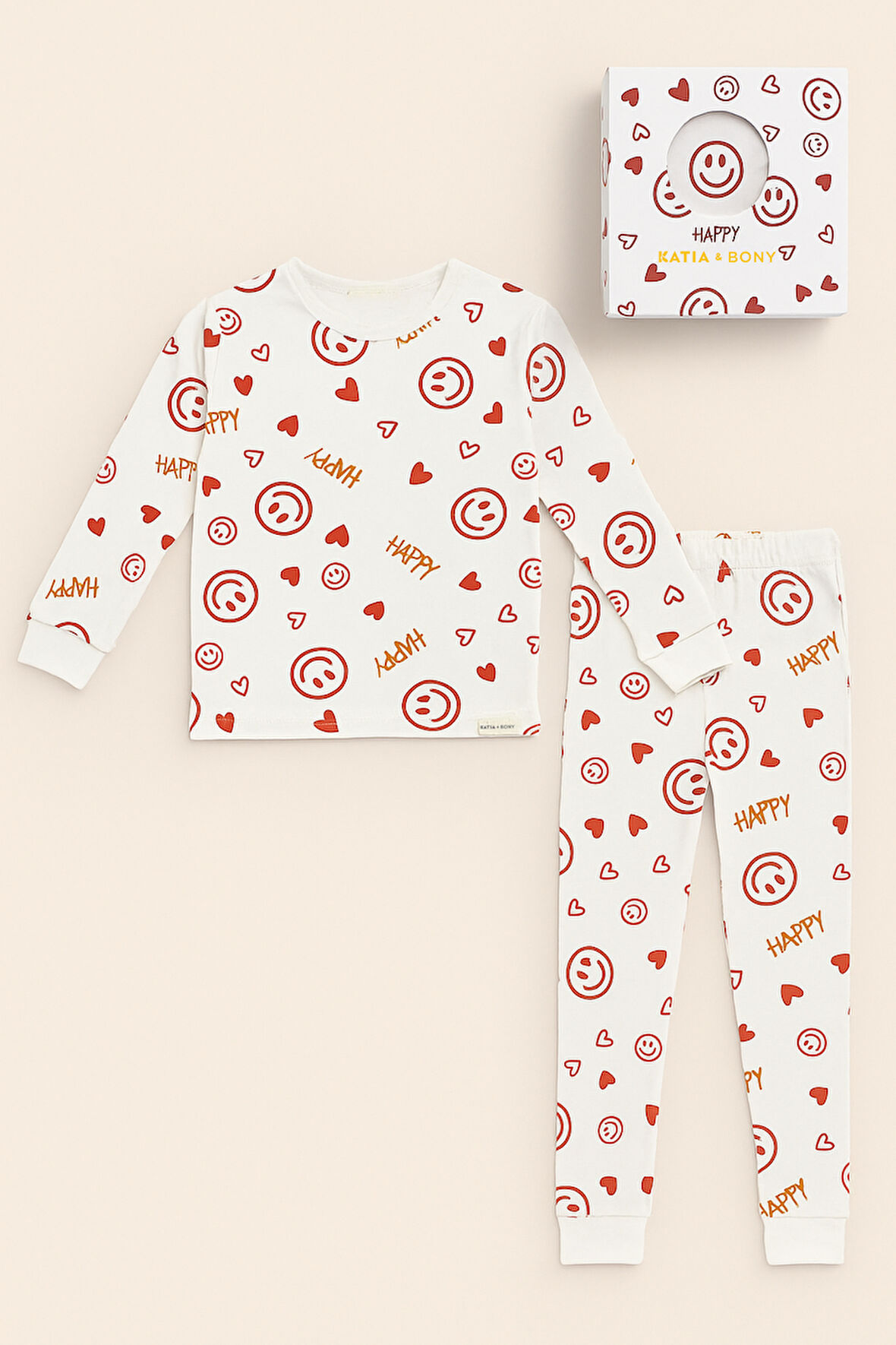 Kız Çocuk Gülen Yüz Desenli Kutulu Pijama Takımı Ekru
