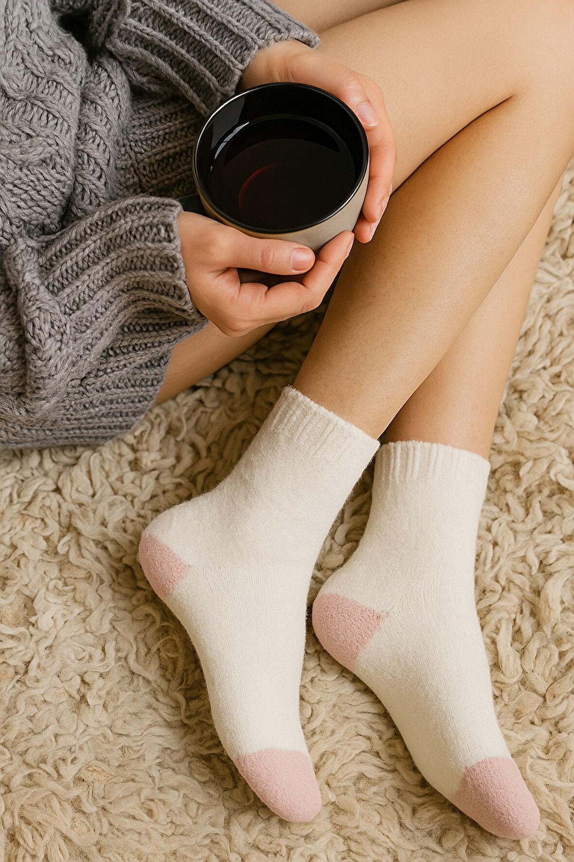 Unisex Kalın Tüylü Soket Çorap Pudra 