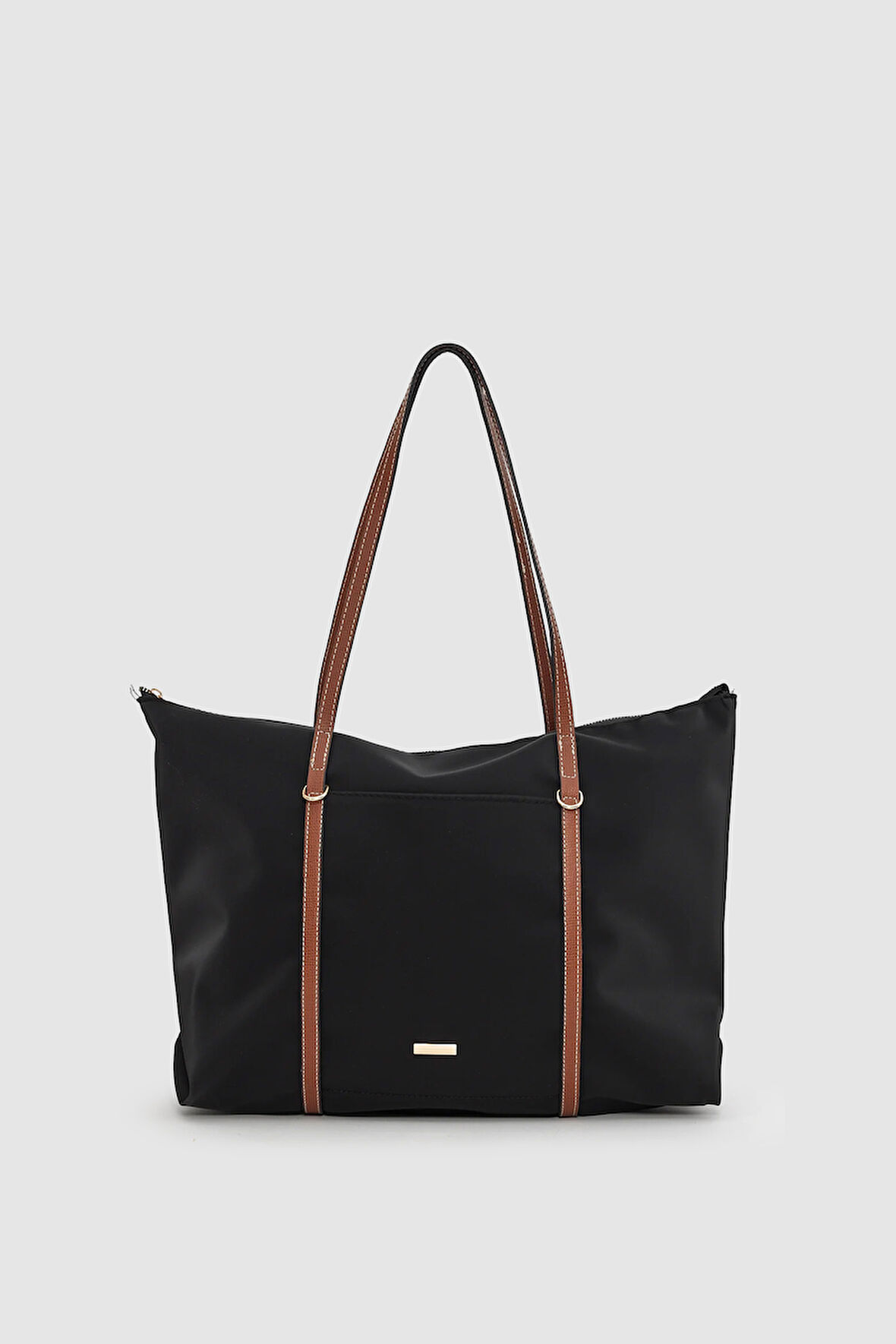 Velie Paraşüt Kumaş Şeritli Shopper Çanta Siyah-Taba