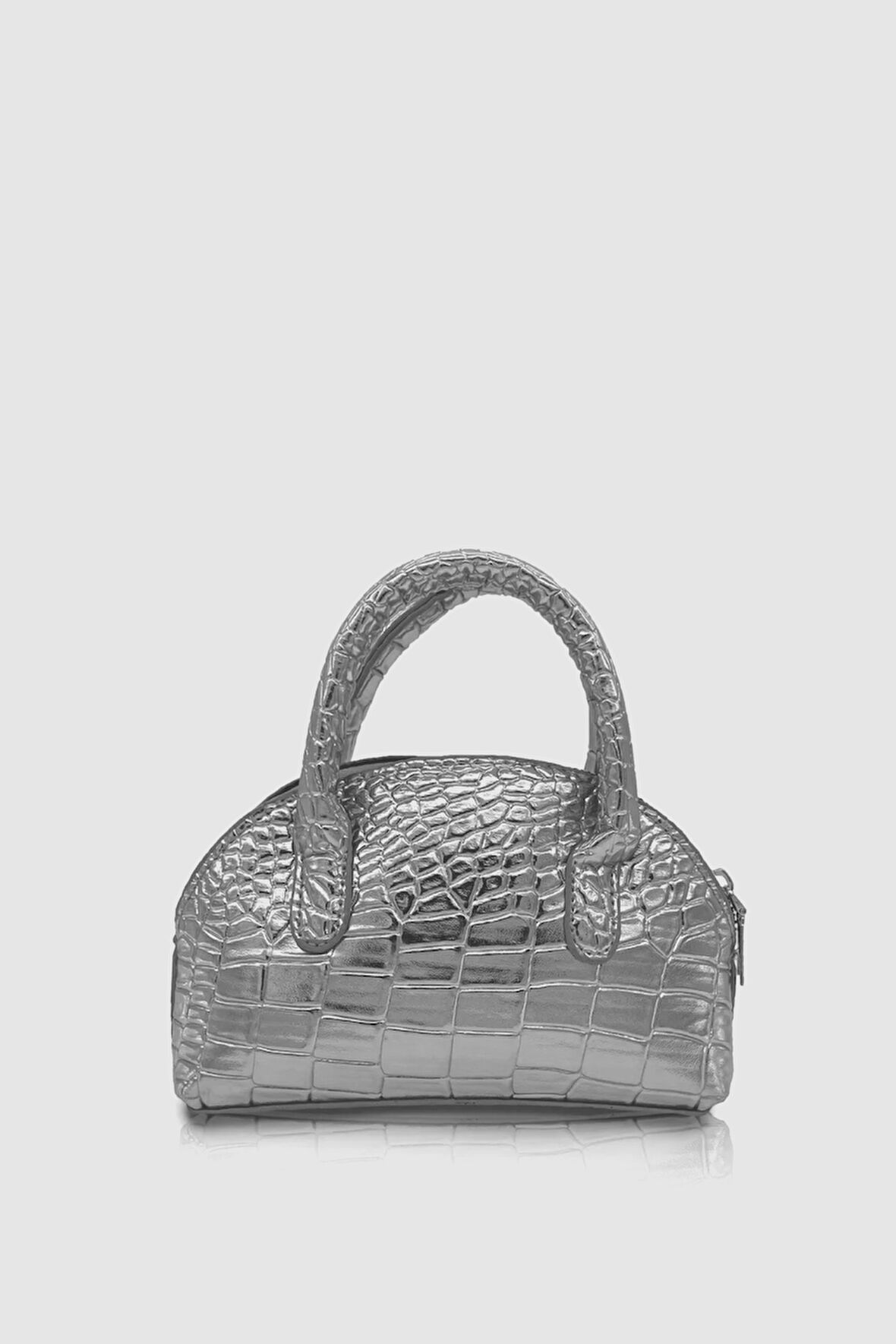 Yenah Kroko Desenli Çapraz Askılı Mini Rugan El Çantası Gümüş