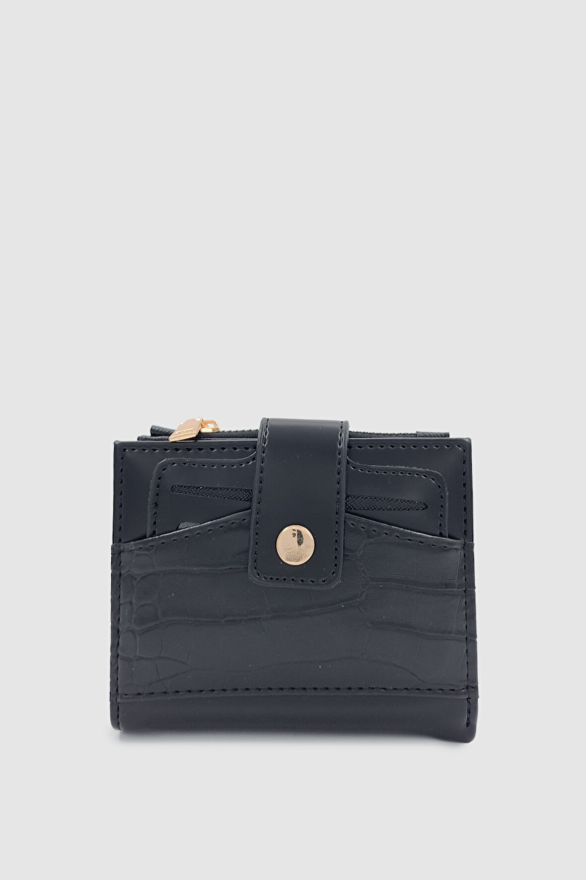 Sirel Kroko Dokulu 10 Bölmeli Çıtçıtlı Kadın Cüzdan Siyah