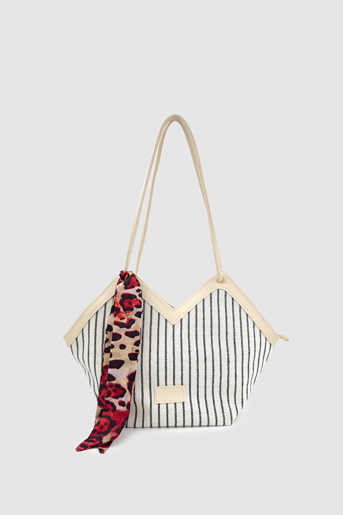 Omric Fular Detaylı Keten Omuz, Kol ve El Çantası Krem Siyah