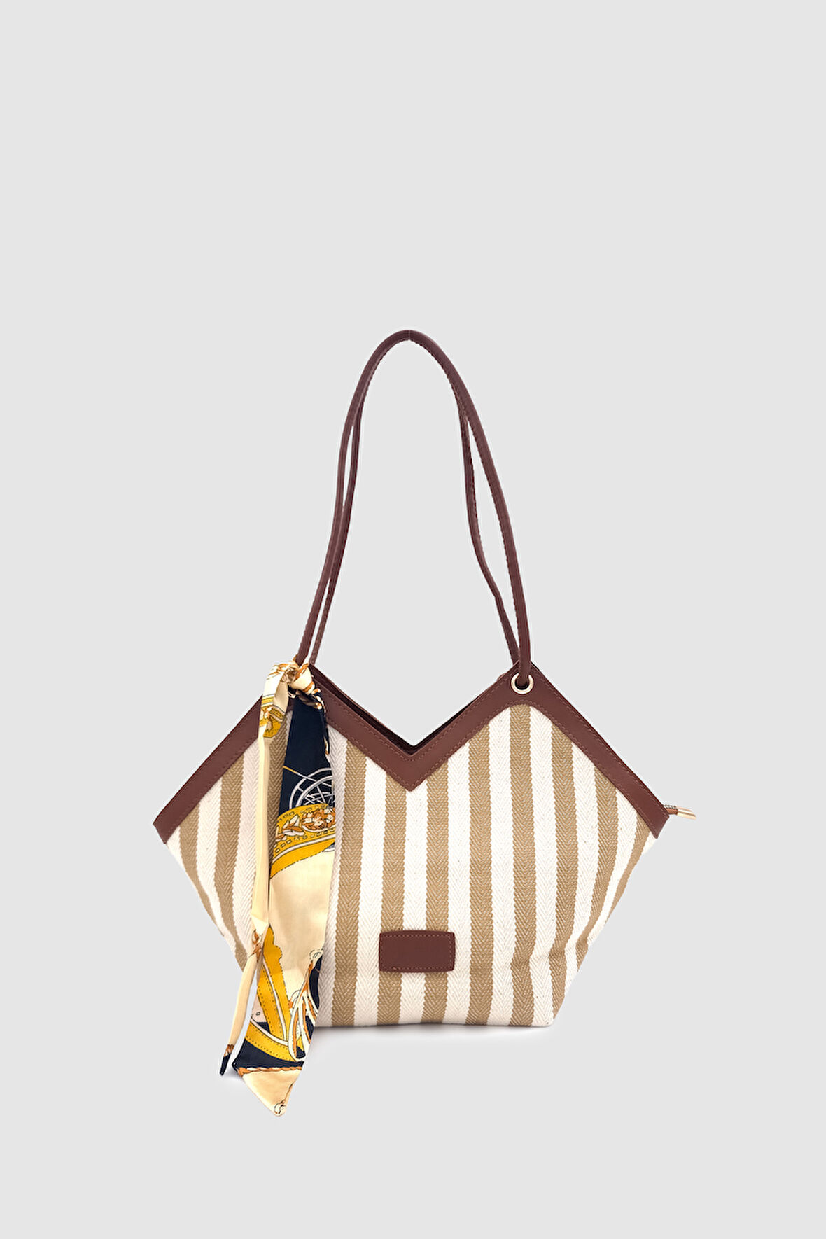 Omric Fular Detaylı Keten Omuz, Kol ve El Çantası Krem Taba