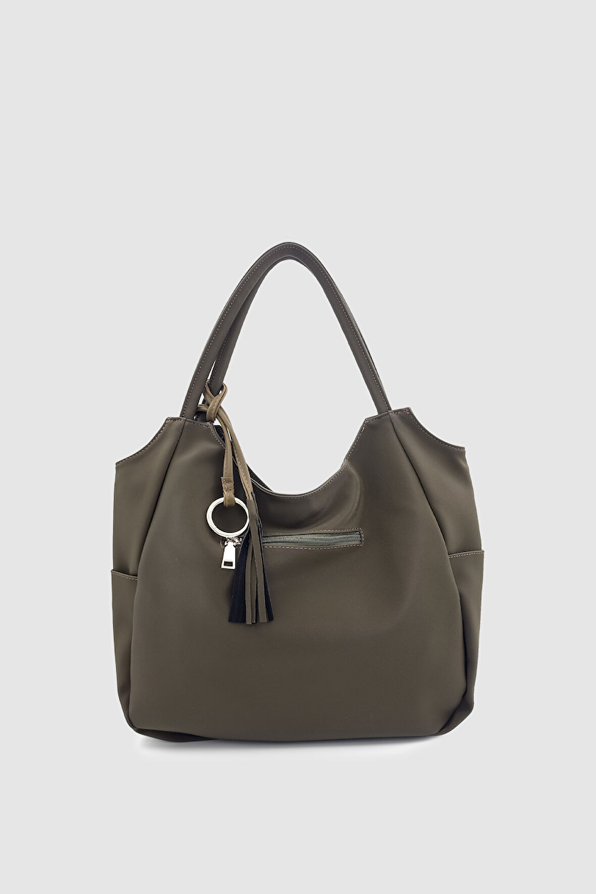 Satel Püskül ve Halka Detaylı Çok Bölmeli Büyük Boy Omuz, Kol, El ve Omuz Çantası Haki