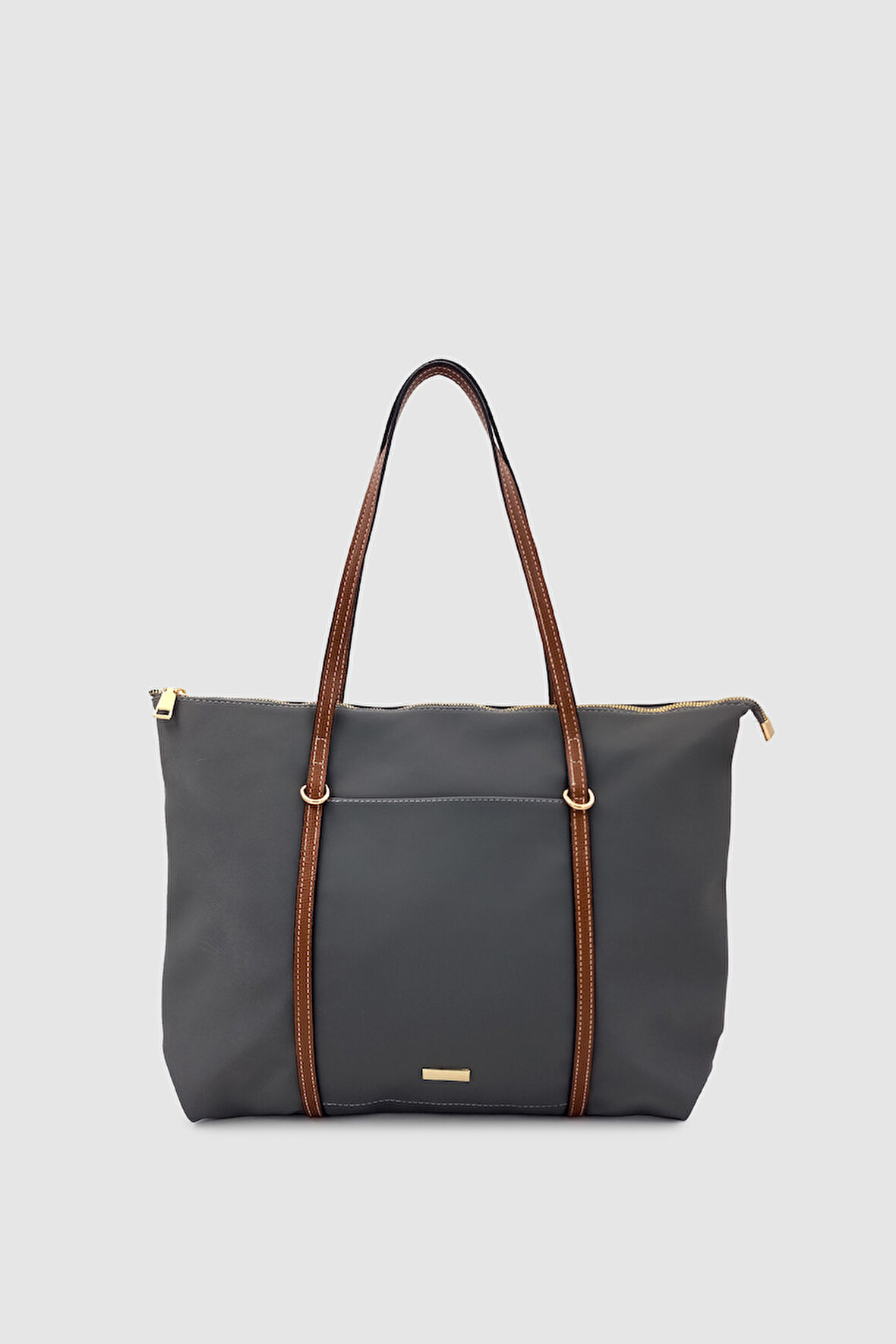 Velie Paraşüt Kumaş Şeritli Shopper Çanta Gri-Taba