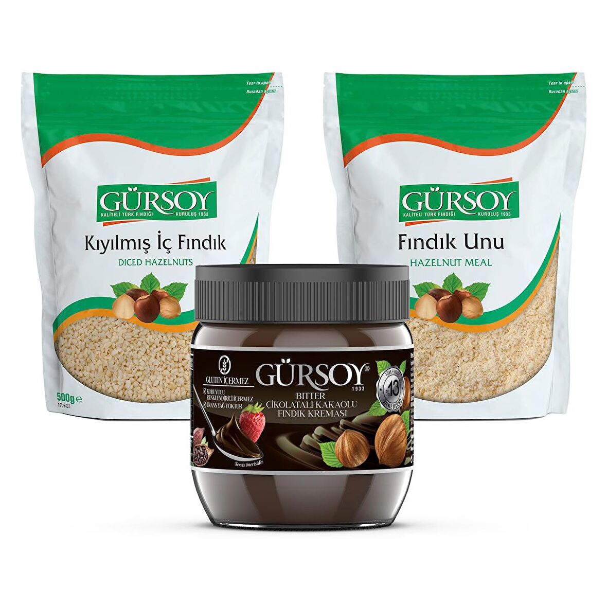 Gürsoy Kıyılmış Fındık 500g & Gürsoy Fındık Unu 500g & Gürsoy Bitter Çikolatalı Kakaolu Fındık Kreması 400g