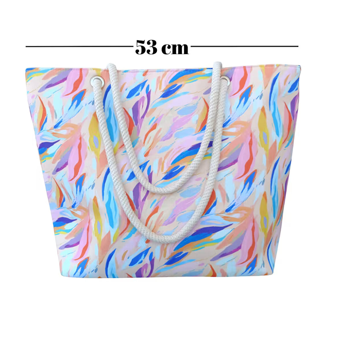 Kadın Plaj Çantası Fermuarlı İçi Astarlı Cepli Modern Ebru Desenli Yumuşak Halat Saplı