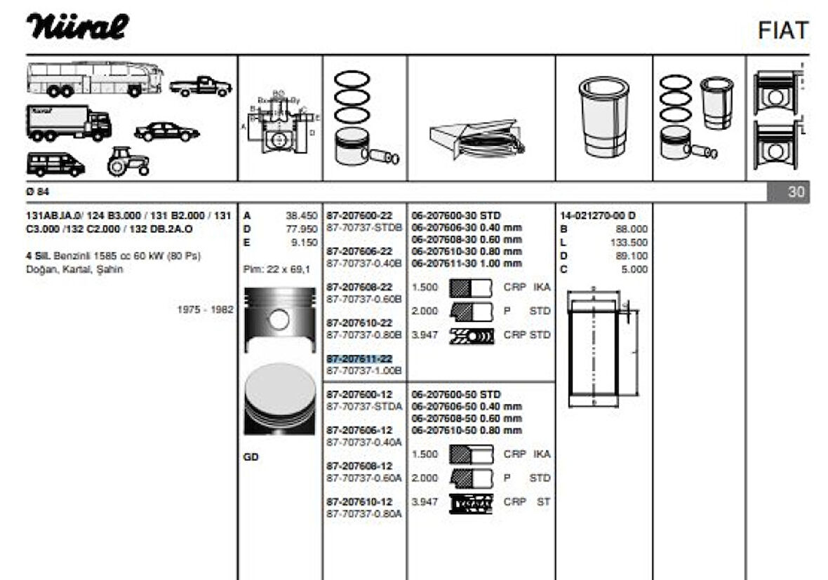 Tofas Piston Segman M131 1.6 1mm - Goetze 877073710000bg