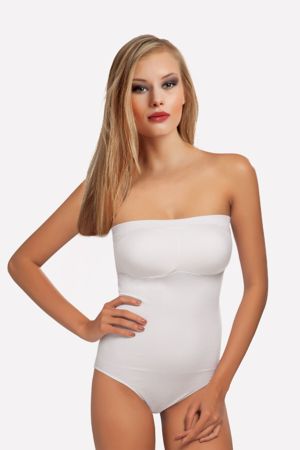 Beyaz Straplez Çıtçıtlı Dikişsiz Kaplı Body