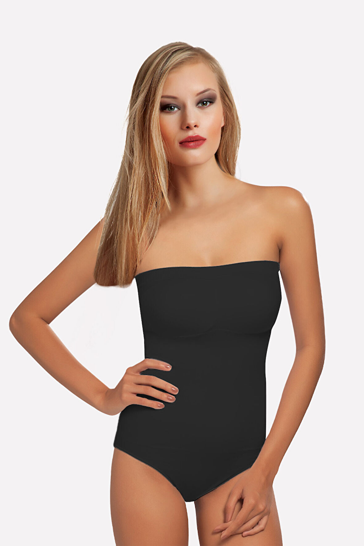 Siyah Straplez Çıtçıtlı Dikişsiz Kaplı Body