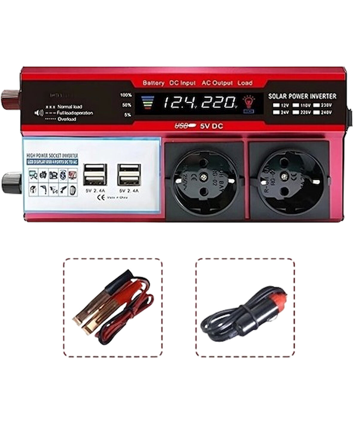 Priz ve Çakmaklık Modifiye Sinüs İnverter Araç ve Güneş Enerjisi Uyumlu 12V 2000W Çift USB Çift Priz ve Çakmaklık