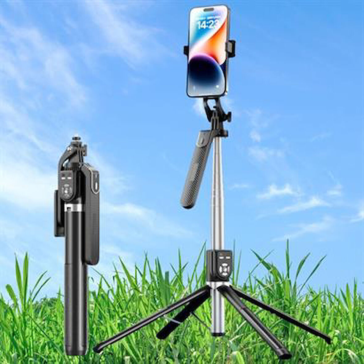 Selfie Çubuğu 2.20m Uzayabilen Kumandalı 360 Derece Dönebilen Cep Telefonu Kamera Tripod