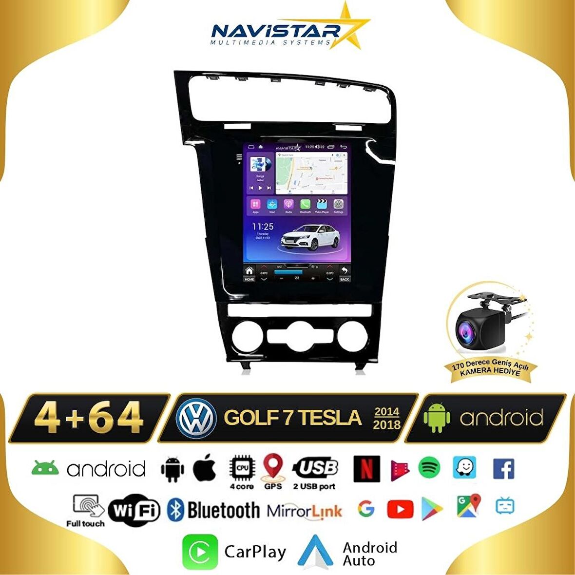 Volkswagen Golf 7 Tesla 4GB + 64GB 2014-2018 Model Kablosuz Carplay Navigasyon Qled Multimedya Siste