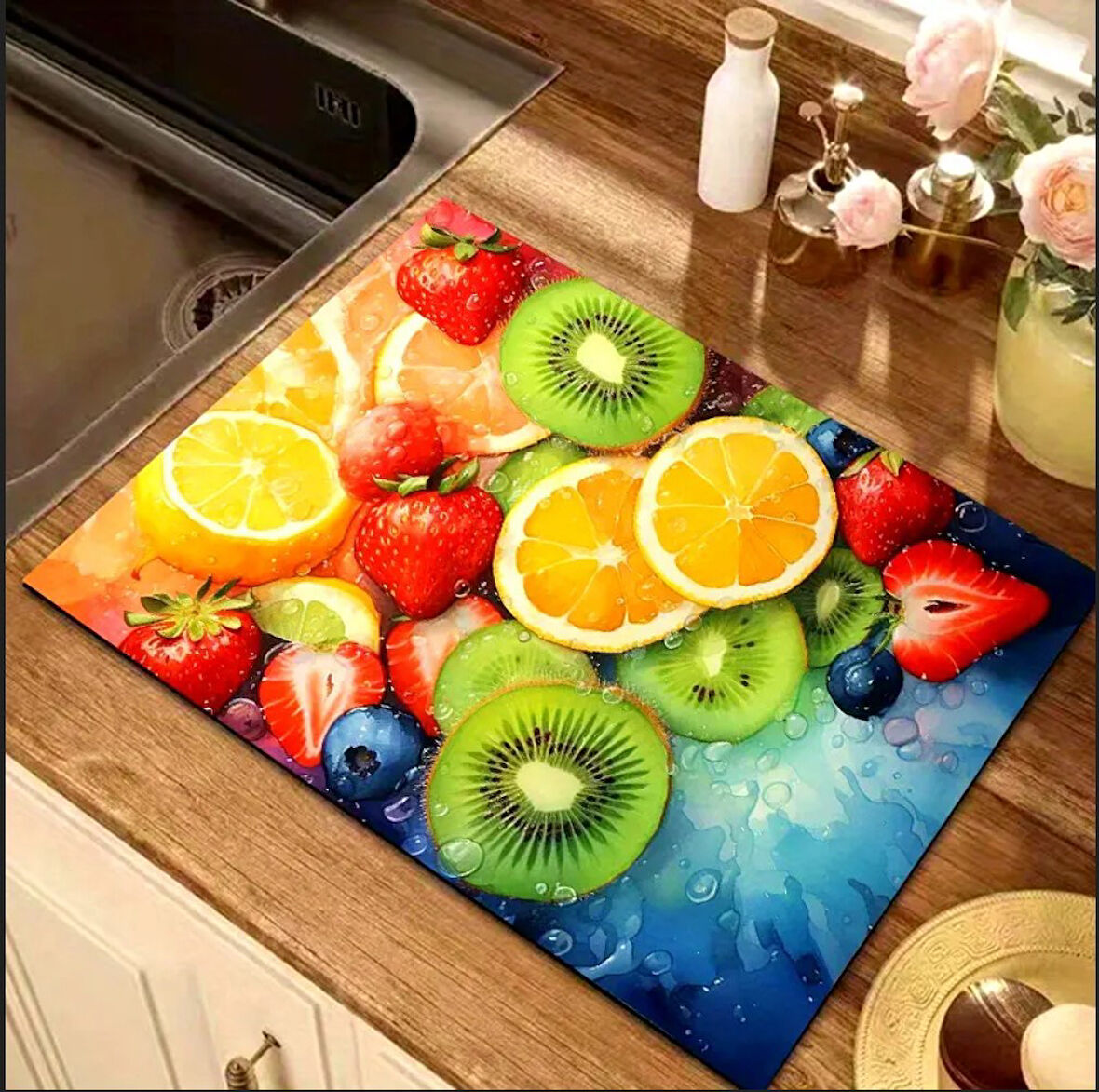 55 CM x 45 CM SERİN MEYVE TASARIMI TEZGAH ÜSTÜ BULAŞIK KURUTMA MATI BULAŞIKLIK KURUTMA ÖRTÜSÜ