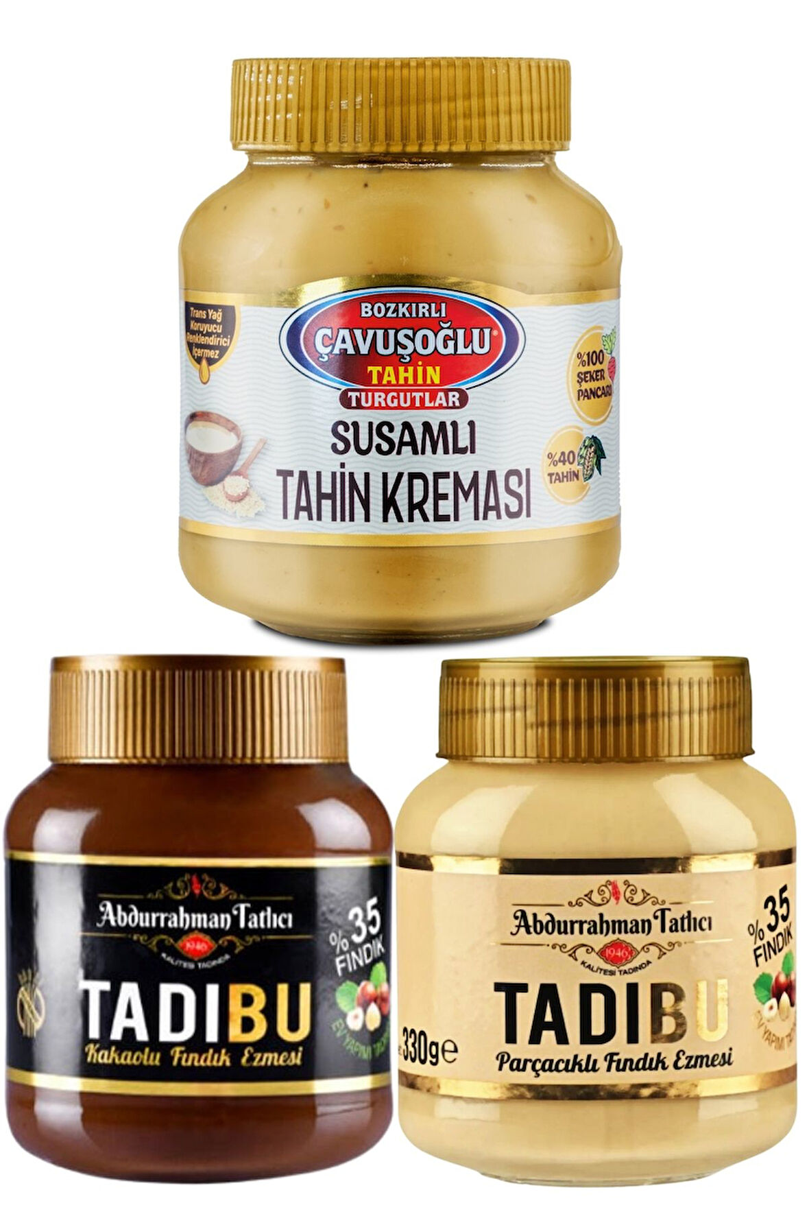 Susamlı Tahin Kreması 330g + Tadıbu 330g + Tadıbu Fındık Kreması 330g