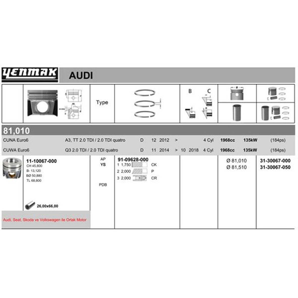 Vag Piston Segman Std 81,01 MM A3 Q3 Tt Leon Octavıa CC Golf VII Scirocco Sharan Kodıaq Passat Tiguan 2. - Yenmak 31-30067-000