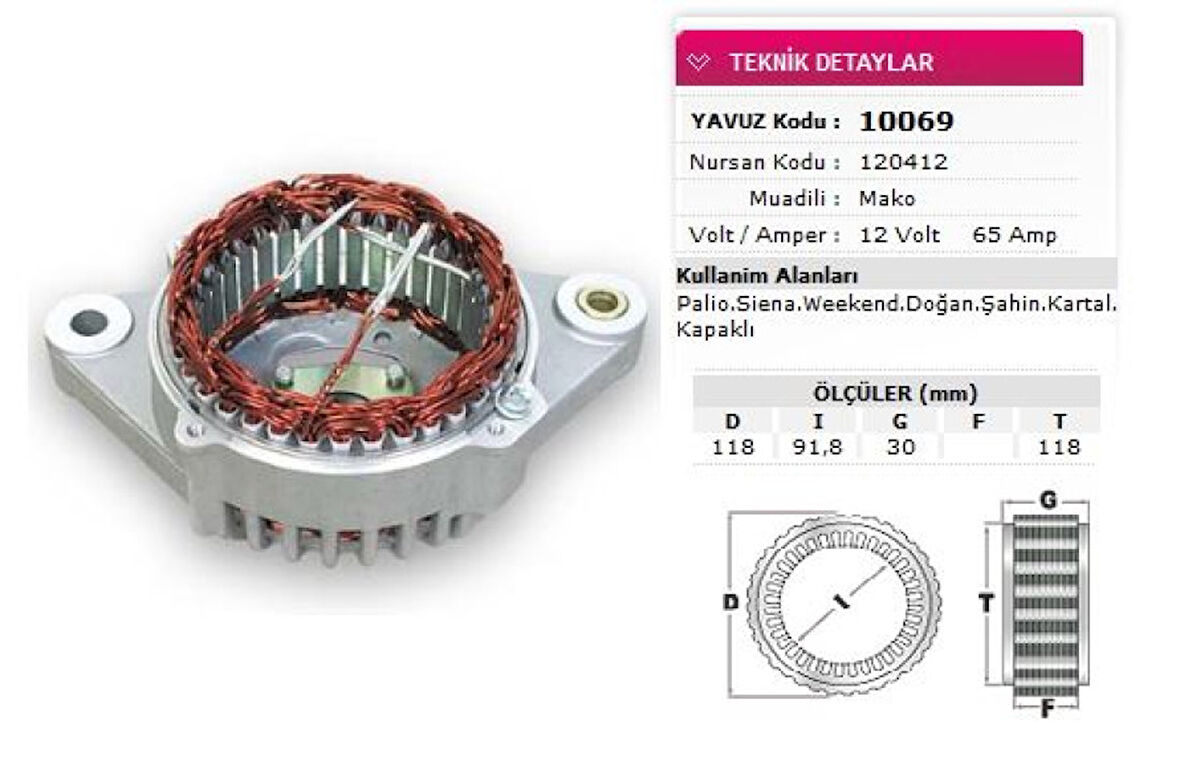 Tofas Stator Mako Tip 12v 65a Palıo Siena Weekend Dogan Sahın Kartal Kapaklı Nursan 120412 - Yavuz 10 069