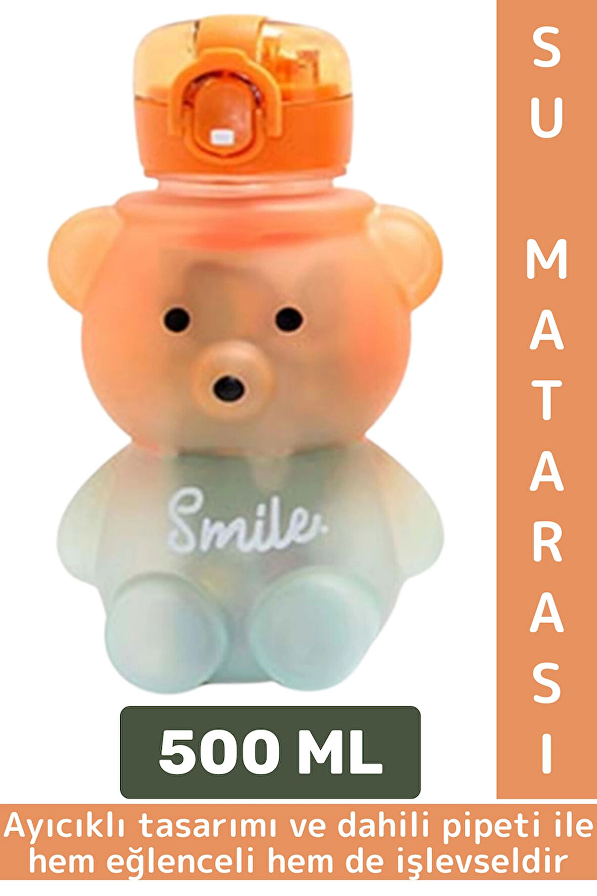 Dayanıklı Ev Ofis Çocuk Okul Outdoor Sızdırmaz Kapaklı Sevimli Ayıcıklı Pipetli Su Matarası 500 ML