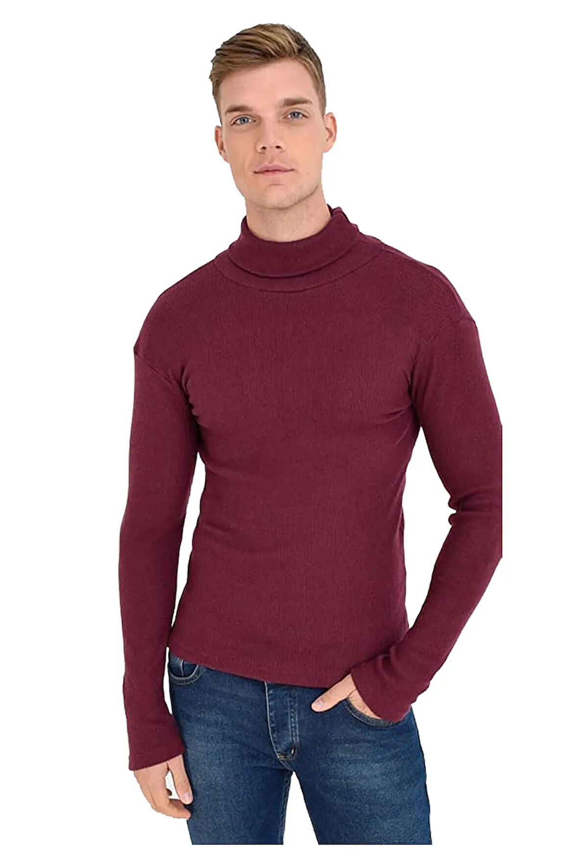 Erkek Beyaz Boğazlı Slim Fit Triko Kazak