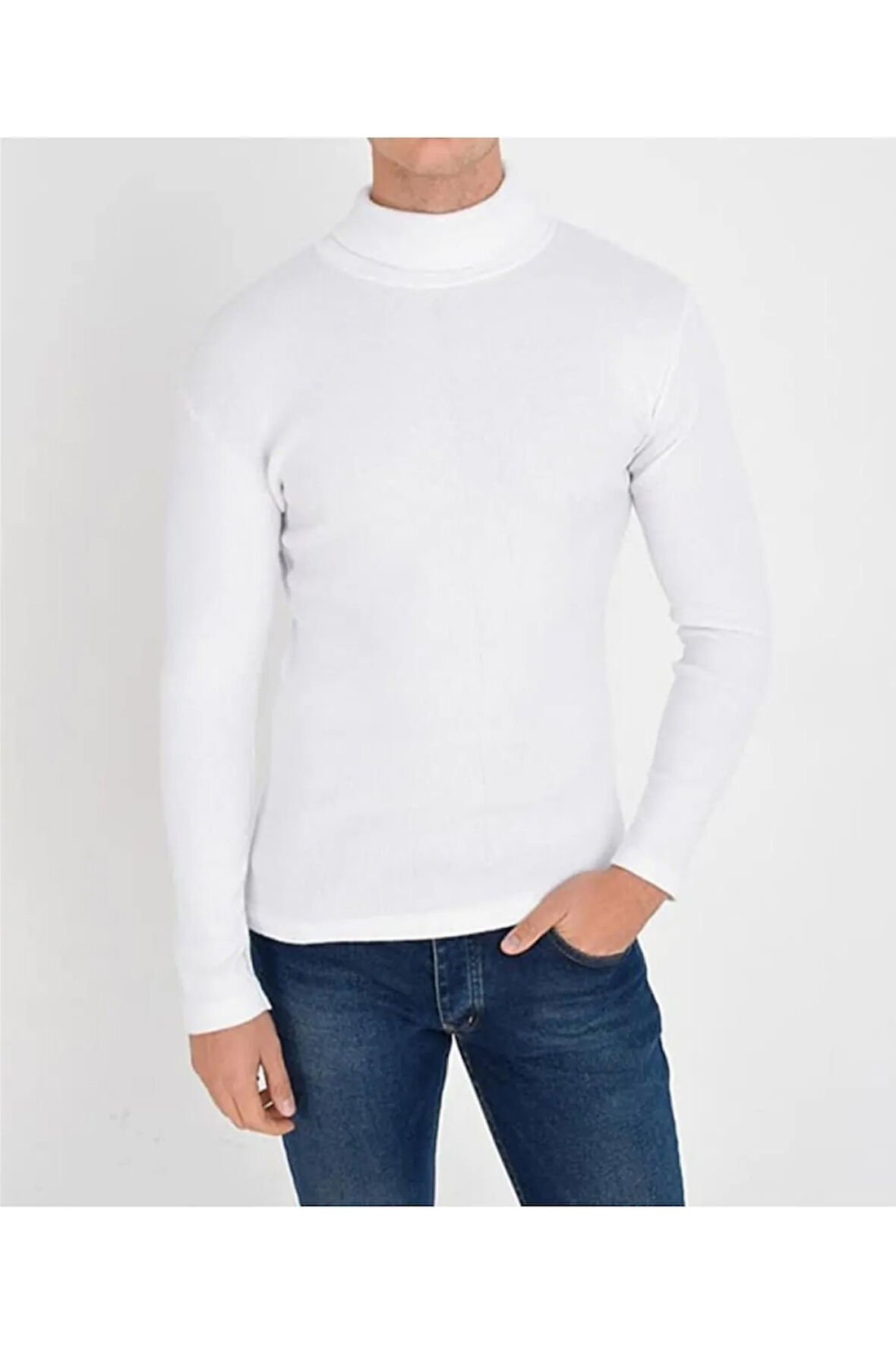 Erkek Beyaz Boğazlı Slim Fit Triko Kazak