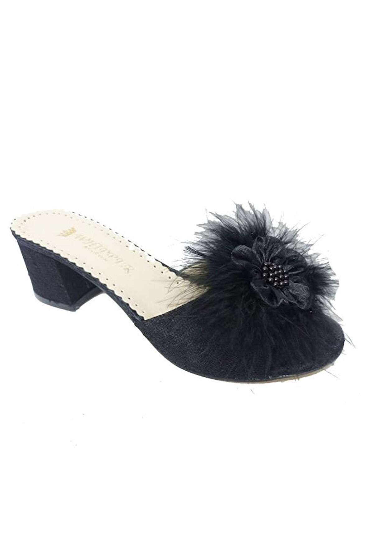 Whipper 1301 Nakışlı Kalın Topuk Tüylü Kadın Terlik