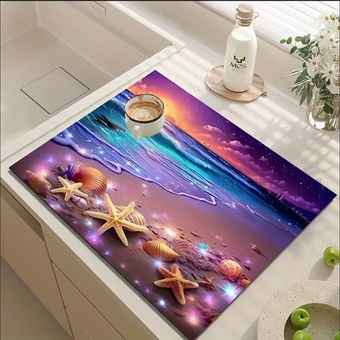 55 CM x 45 CM OKYANUS ESİNTİSİ TASARIMI TEZGAH ÜSTÜ BULAŞIK KURUTMA MATI BULAŞIKLIK KURUTMA ÖRTÜSÜ