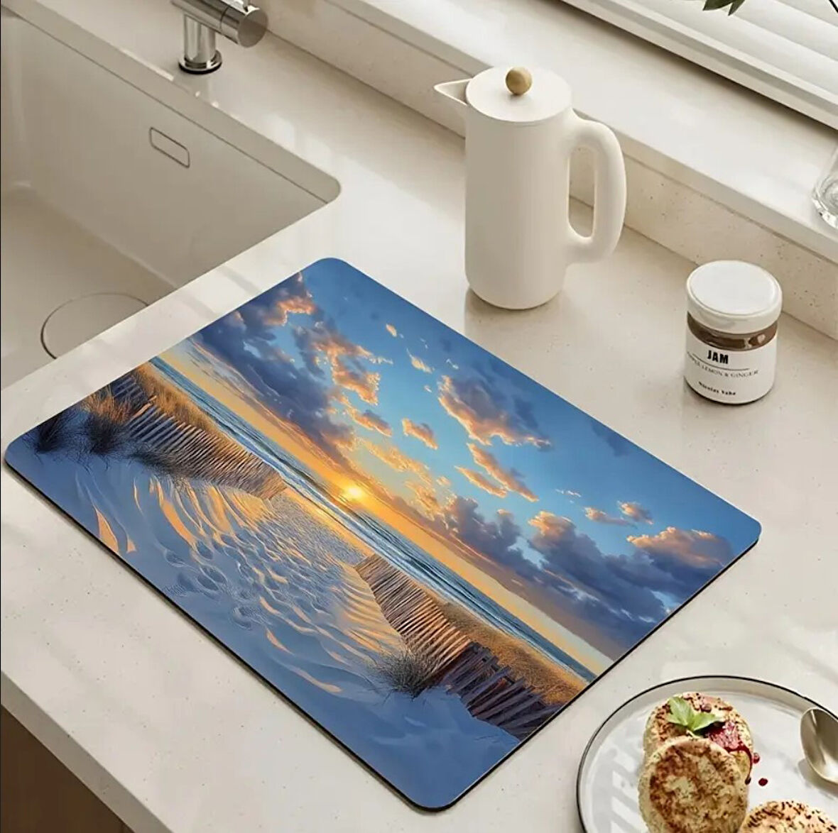 55 CM x 45 CM OKYANUS PLAJI TEMALI TEZGAH ÜSTÜ BULAŞIK KURUTMA MATI BULAŞIKLIK KURUTMA ÖRTÜSÜ