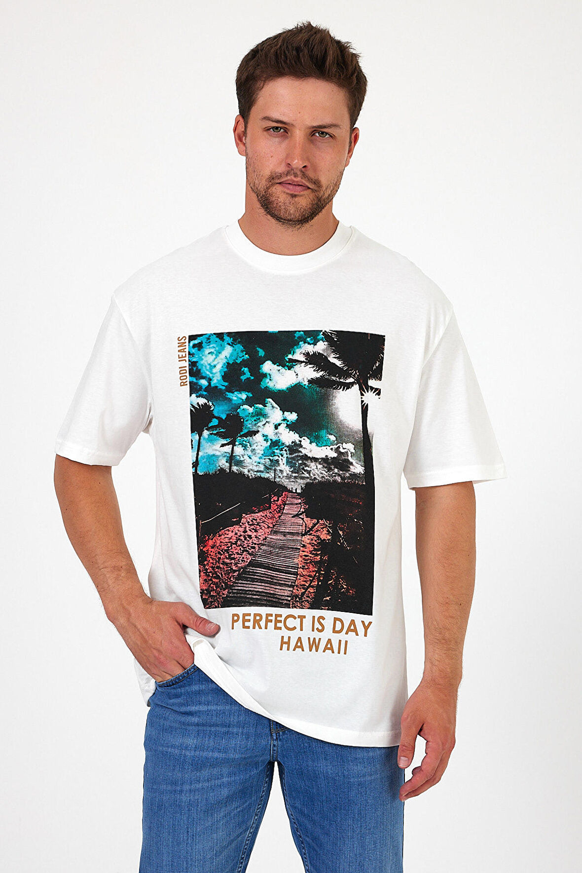 Erkek Bisiklet Yaka Hawaıı Baskılı T-shirt 7021