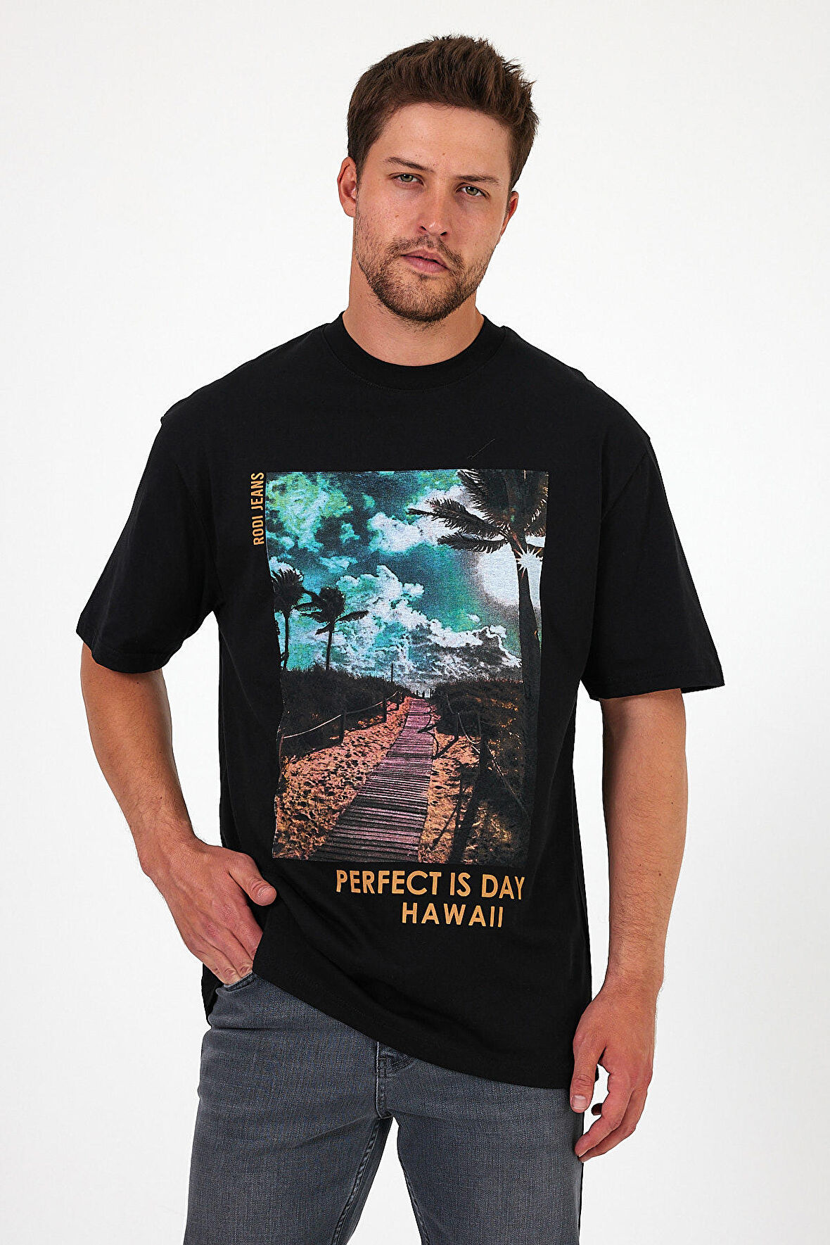 Erkek Bisiklet Yaka Hawaıı Baskılı T-shirt 7021