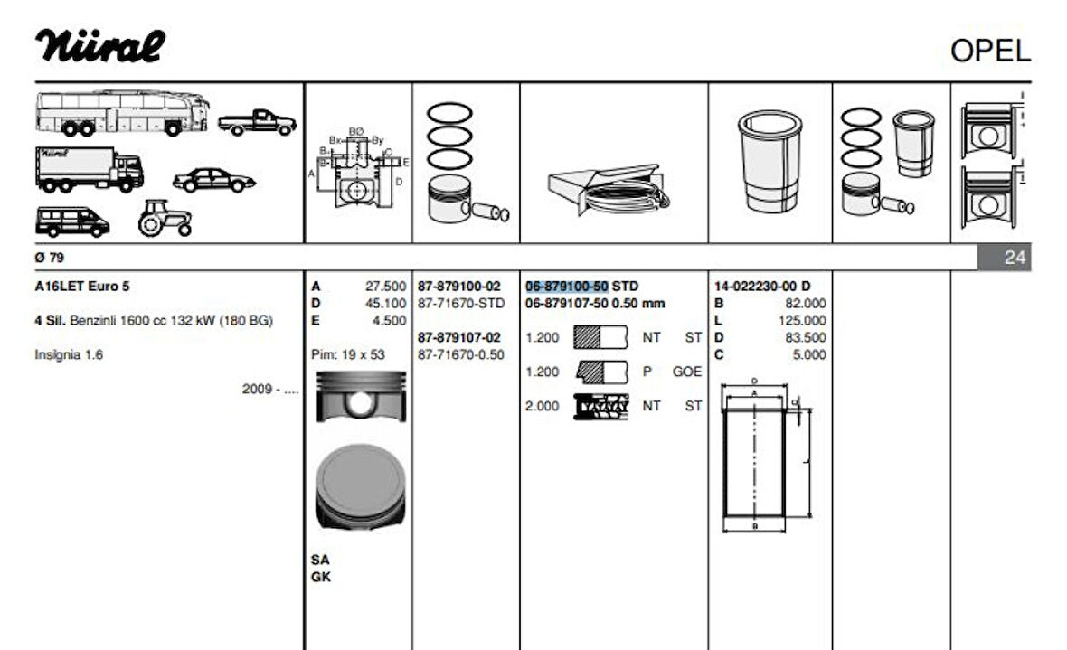 Opel Motor Segmanı İnsignia (a1,6let) / (180hp) / (79,00mm) / (std) - Goetze 68791005g