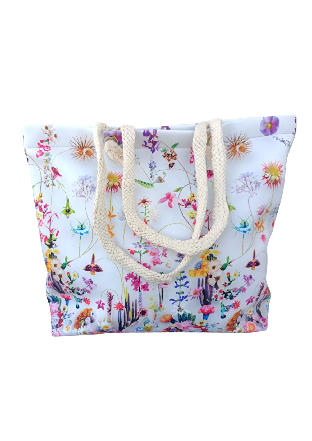 Kadın Plaj Çantası Fermuarlı İçi Astarlı Cepli Çiçek Resimleri Desenli Yumuşak Halat Saplı