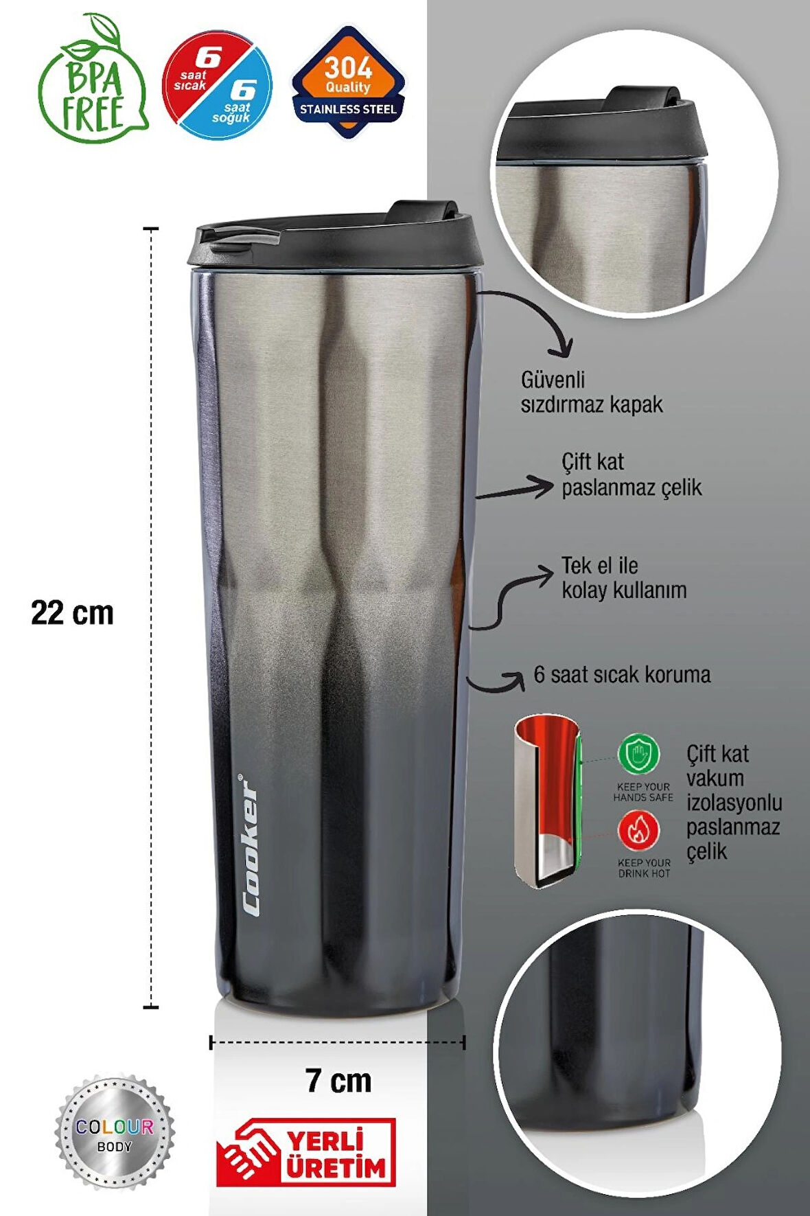 Cooker 0,500 ml Çift Kat Paslanmaz Çelik Özel Diamond Serisi 500 ml Termos ( Çay Kahve Piknik Kamp Outdoor Ofis Otel Kafe Okul )